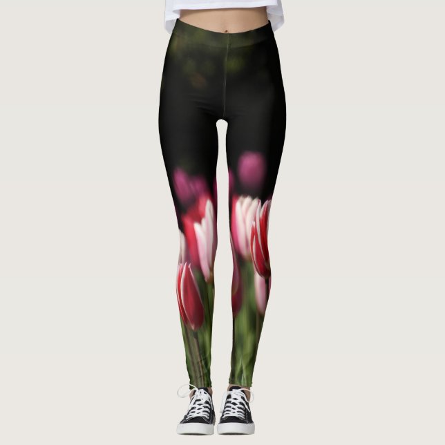 Röd, vit och Rosa Tulips Leggings (Framsida)