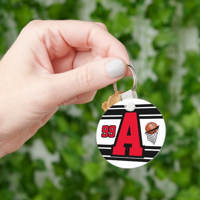 Röd, vit och svart basketboll Brev och nummer Nyckelring (Hand)