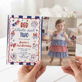 Röd Vit och Två 2-års födelsedags fotofestkort Inbjudningar