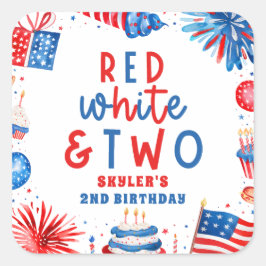 Röd, vit och två 4:e juli 2:a födelsedagen Party Fyrkantigt Klistermärke