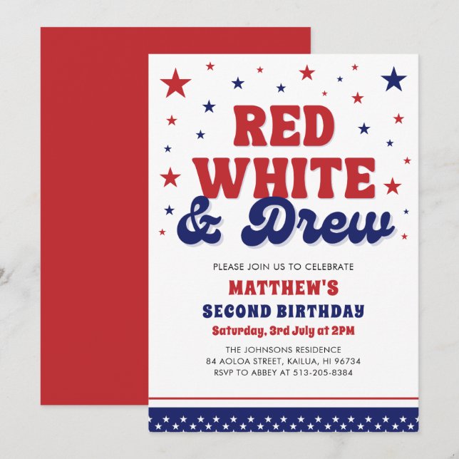 Röd, vit och två 4 juli 2:a födelsedagen Party Inbjudningar (Fram/baksida)