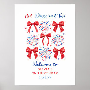 Röd Vit och Två Juli Flicka 2-års Välkomsthälsning Poster