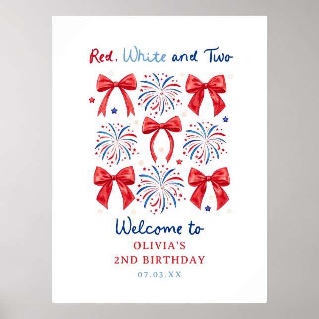 Röd Vit och Två Juli Flicka 2-års Välkomsthälsning Poster (Framsidan)