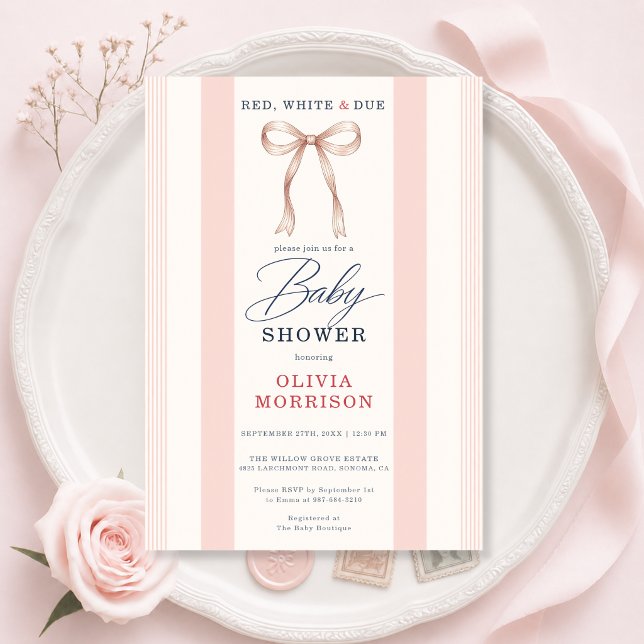 Röd vit och väntande rosa band flicka baby shower inbjudningar (Skapare uppladdad)