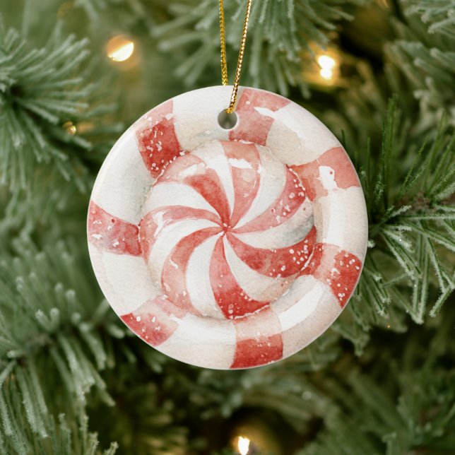 Röd vit pepparmynta julgodis julgransprydnad keramik (Träd)