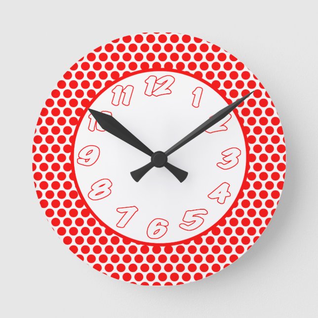 Röd/vit Polka dots Rund Klocka (Framsida)