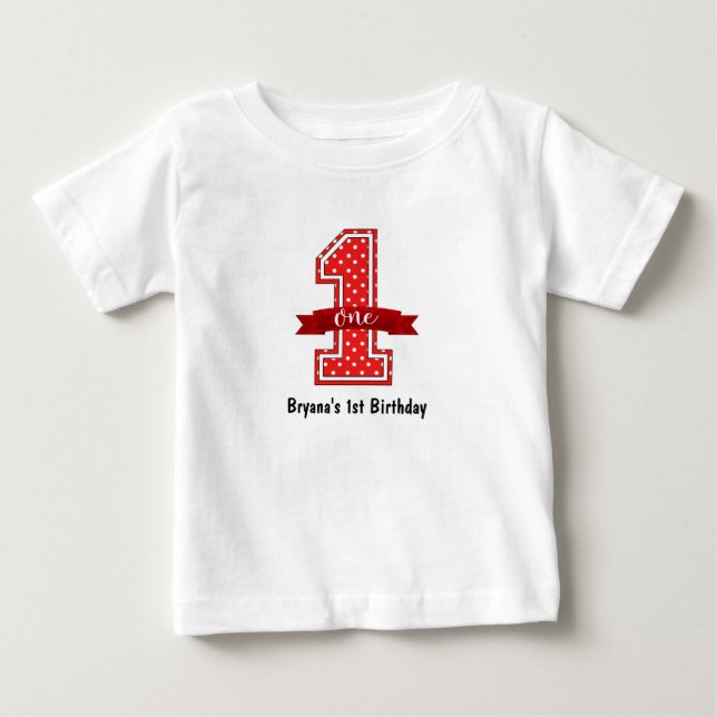 Röd & Vit Prickig 1 Ett 1:a Födelsedagsfest T Shirt (Framsida)