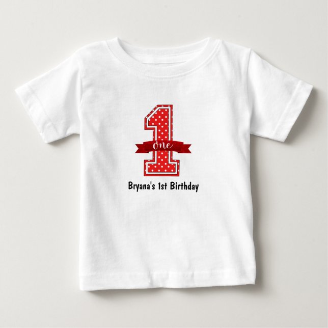 Röd & Vit Prickig 1 Ett 1:a Födelsedagsfest T-shirt (Framsida)