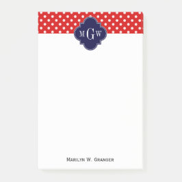 Röd Vit Prickig Marin Fyrklöver 3 Monogram Post-it Block