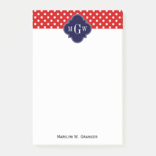Röd Vit Prickig Marin Fyrklöver 3 Monogram Post-it Block