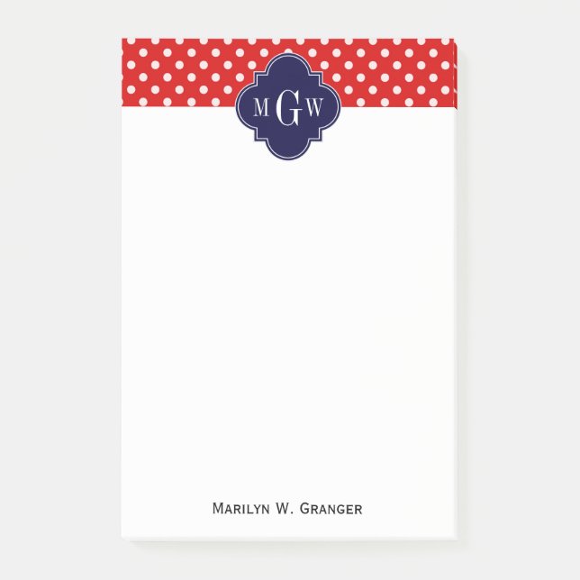 Röd Vit Prickig Marin Fyrklöver 3 Monogram Post-it Block (Framsida)