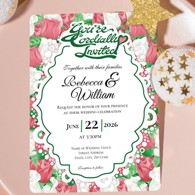 Röd & Vit Ros Bröllopsinbjudan - Gröna Bokstäver 2 Inbjudningar (Red and White rose background with decorative border wedding invite design with green heading)