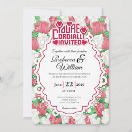 Röd & Vit Ros Bröllopsinbjudan - Röd Text 3 Inbjudningar