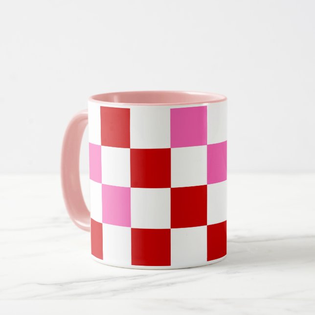 Röd vit rosa rutig mönsterdesign  mugg (Framsida vänster)