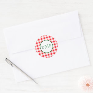 Röd vit rutig MONOGRAM Runt Klistermärke