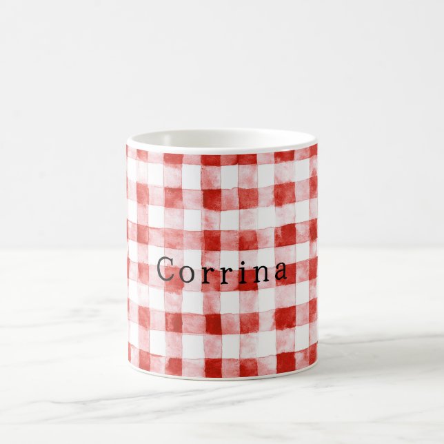 Röd vit rutig randig födelsedag kaffemugg (Center)