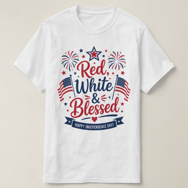 Röd, Vit & Salig 4:e Juli Patriotisk T Shirt (Design framsida)