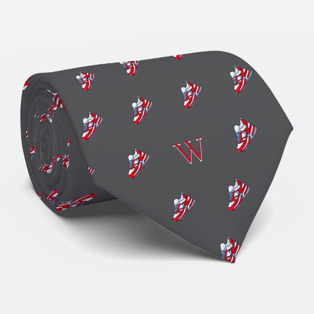 Röd Vit Sneaker Samlare Monogram Initial Grå Slips (Rullad)