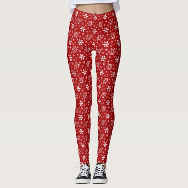 Röd Vit Snöflinga Jul Höst Vinter Leggings (Framsida)