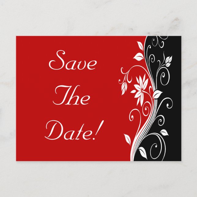 Röd Vit & Svart Blommig Bröllop Save The Date Meddelande Vykort (Framsida)