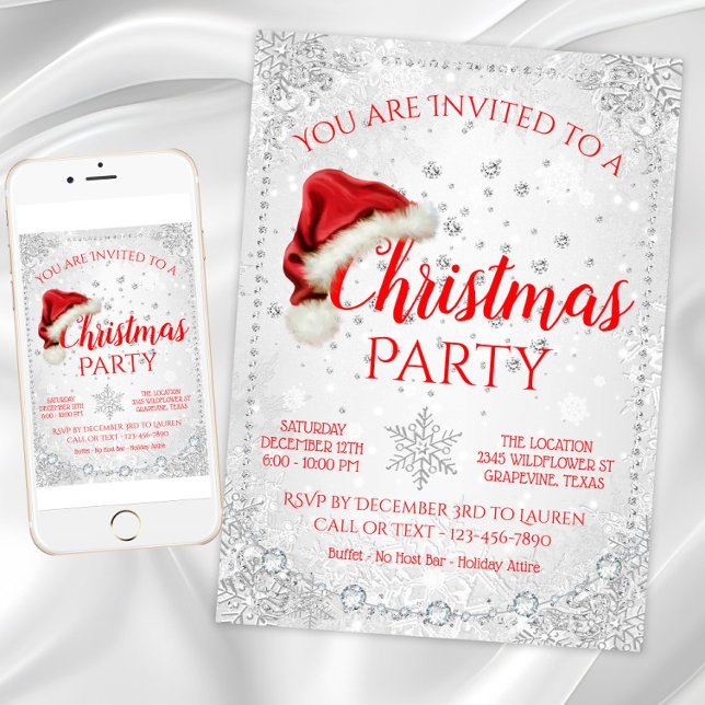 Röd vit tomteluva snöflinga julfest inbjudningar (Snowflake Christmas party invitation with Santa hat. Digital download and printed invitations.)