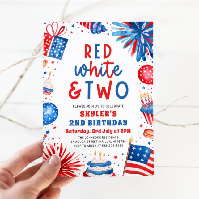 Röd, Vit & Två 4 juli 2-års Födelsedagsfest Inbjudningar (Watercolor Partiotic Fireworks Red, White & Two 4th July 2nd Photo Birthday Party Invitation)