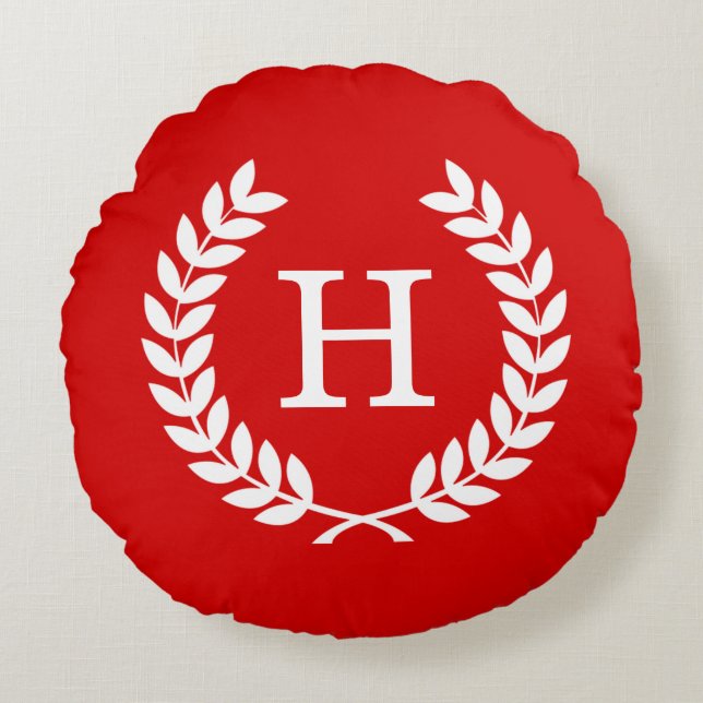Röd Vit Vete Lagerkrans Initial Monogram Rund Kudde (Framsidan)