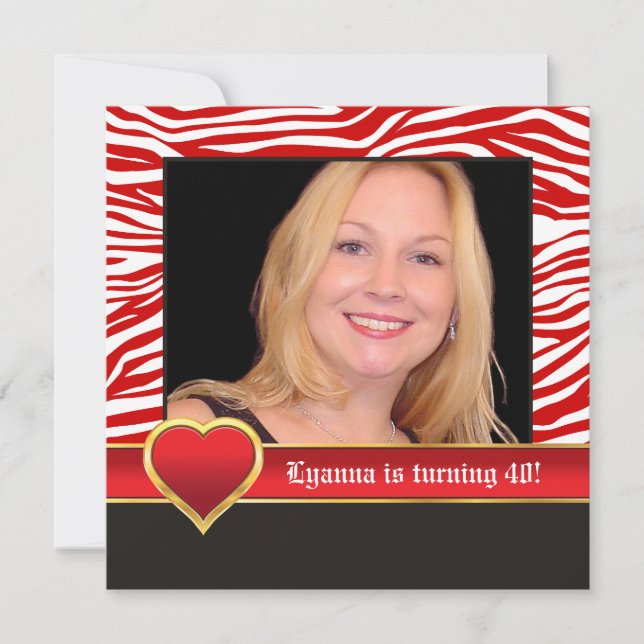 Röd, vit zebra och hjärt 40-årsfoto inbjudningar (Framsida)