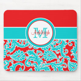 Röd vitdamast Mousepad för Monogrammed blått Musmatta
