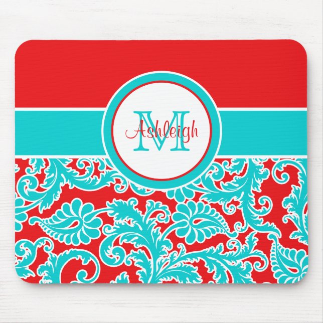 Röd vitdamast Mousepad för Monogrammed blått Musmatta (Framsidan)
