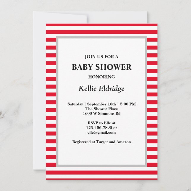 Röd/vitrandig baby shower-inbjudan inbjudningar (Framsida)