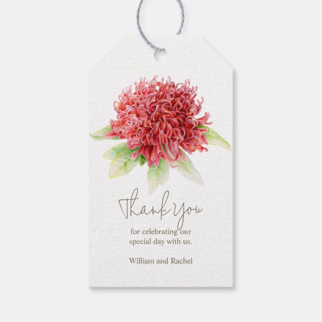 Röd waratah-blommans vattenfärgsgåva märkre presentetikett (Baksidan)