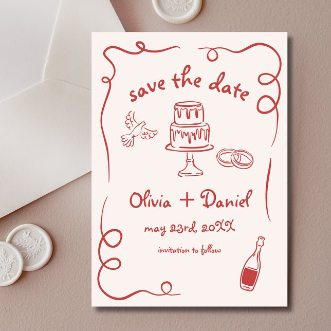 Röd Whimsical Handritad Bröllop Fransk Spara Datumet (Skapare uppladdad)