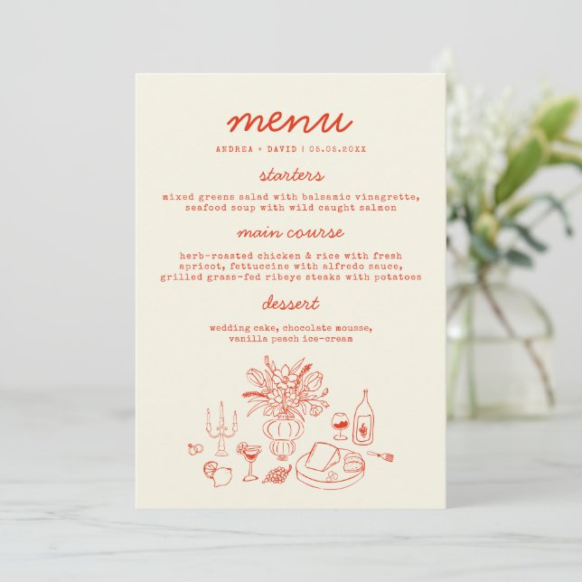 Röd Whimsical Mat Handritad Bröllopsmeny Kort (Stående Fram)
