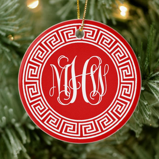 Röd Wht Vin Skript Monogram-teckensnitt Grekisk Ny Julgransprydnad Keramik (Skapare uppladdad)
