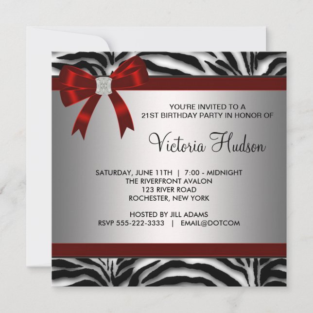 Röd Zebra Flickas Kvinnas Födelsedagsfest Inbjudningar (Framsida)