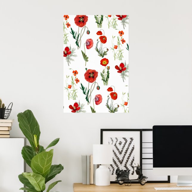 Röda akvarell vallmor blomstermönster poster (Hemmakontoret)