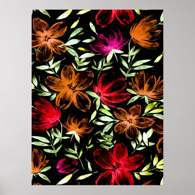 Röda akvarellblommor 3 poster (Framsidan)