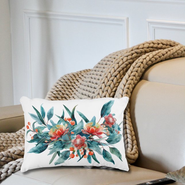Röda akvarellblommor Australiensiska blommor Prydnadskudde (Red Australian Watercolor Floral Flowers with Greenery Lumbar throw pillow. )