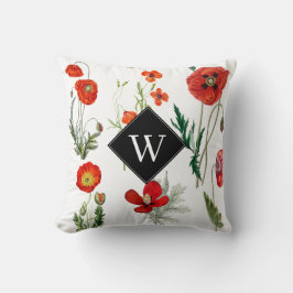 Röda akvarellpoppar blomster monogram kudde