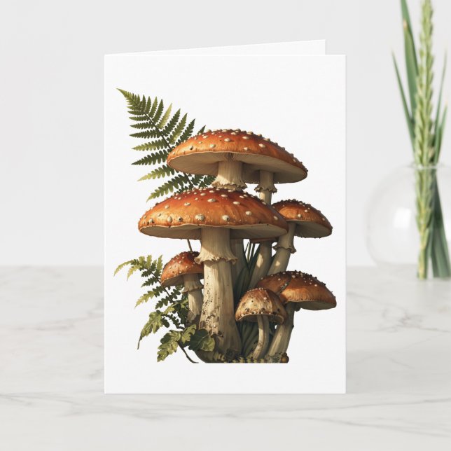 Röda Amanita-svampar med ormbunksbotanik Kort (Framsida)
