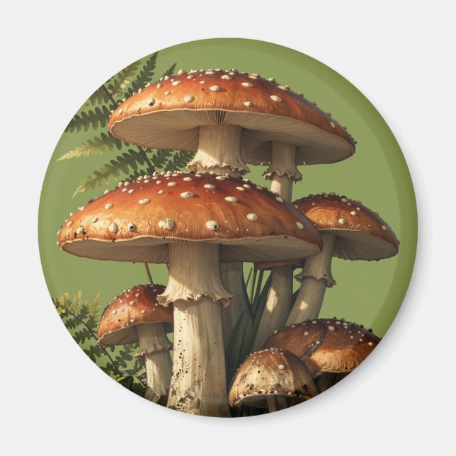 Röda Amanita-svampar med ormbunksbotanik Magnet (Framsidan)