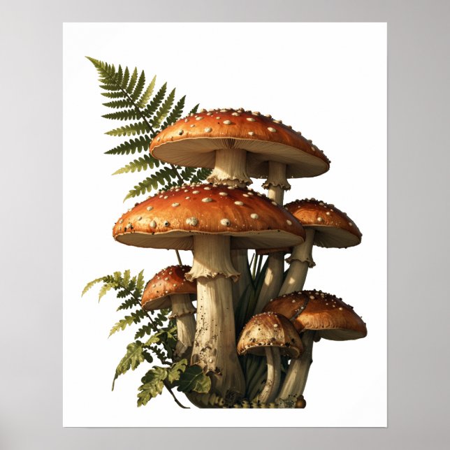 Röda Amanita-svampar med ormbunksbotanik Poster (Framsidan)