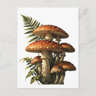 Röda Amanita-svampar med ormbunksbotanik Vykort