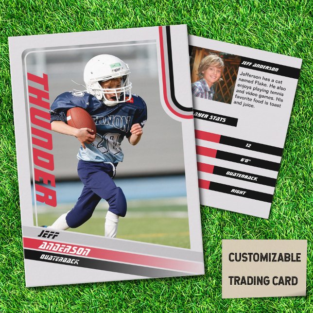 Röda amerikanska fotbollshandels kort för barn (American Football Player Trading Card for Kids in Grey with Custom Team and Player Name Red)