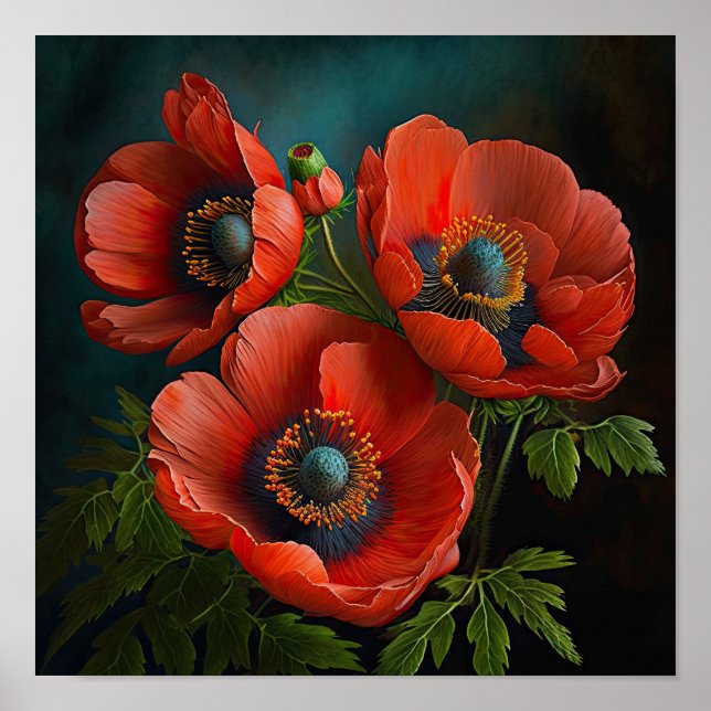 Röda Anemon Blommor Konsttryck Poster (Framsidan)