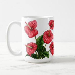 Röda Anthurium-blommor med gröna blad Kaffemugg