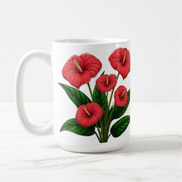 Röda Anthurium-blommor med gröna blad Kaffemugg