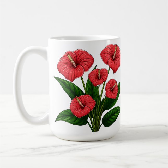 Röda Anthurium-blommor med gröna blad Kaffemugg (Vänster)
