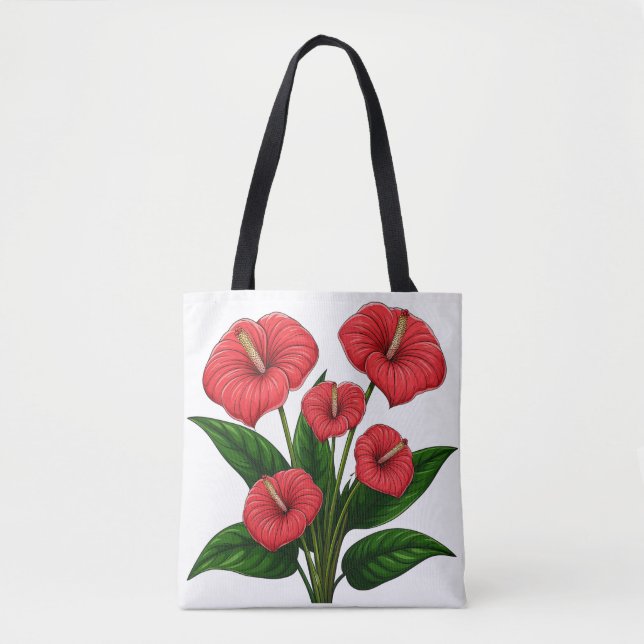 Röda Anthurium-blommor med gröna blad Tygkasse (Framsida)